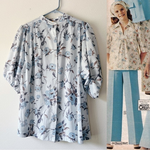 Vintage 70s floral button‎ up balloon sleeve shirt M - Picture 1 of 6